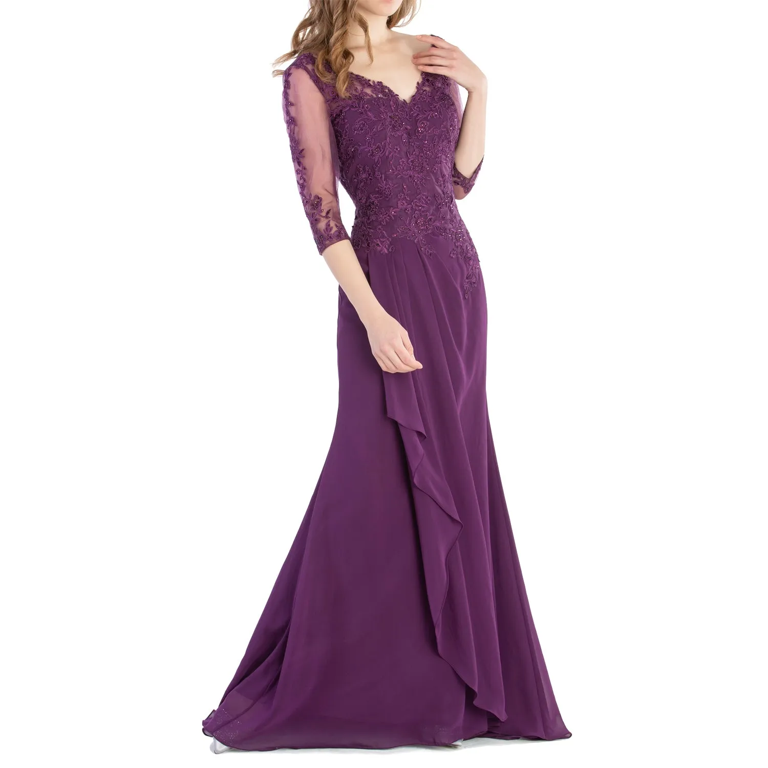 MACloth V Neck 3/4 Sleeve Lace Long Wedding Mother Bride Gown Bridesmaid Dresses