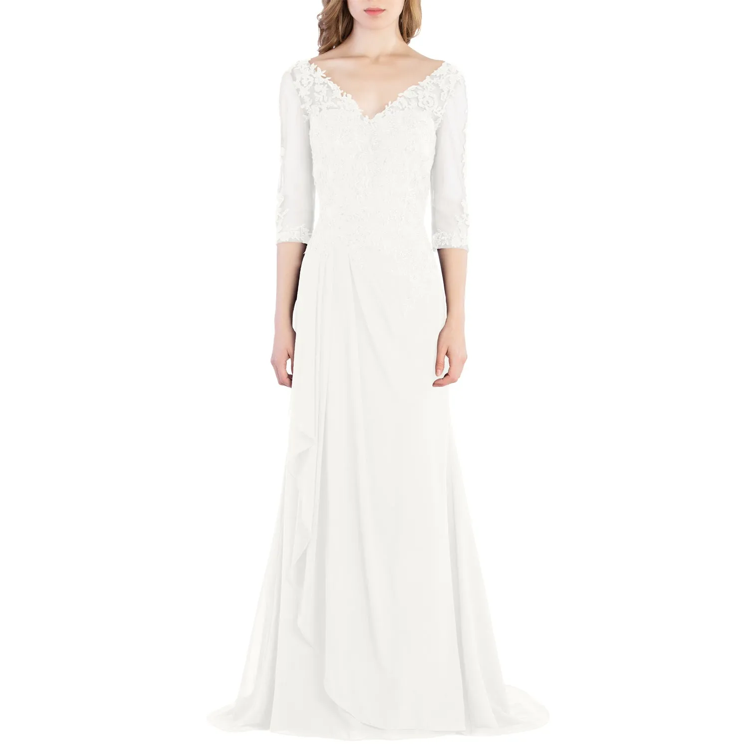 MACloth V Neck 3/4 Sleeve Lace Long Wedding Mother Bride Gown Bridesmaid Dresses