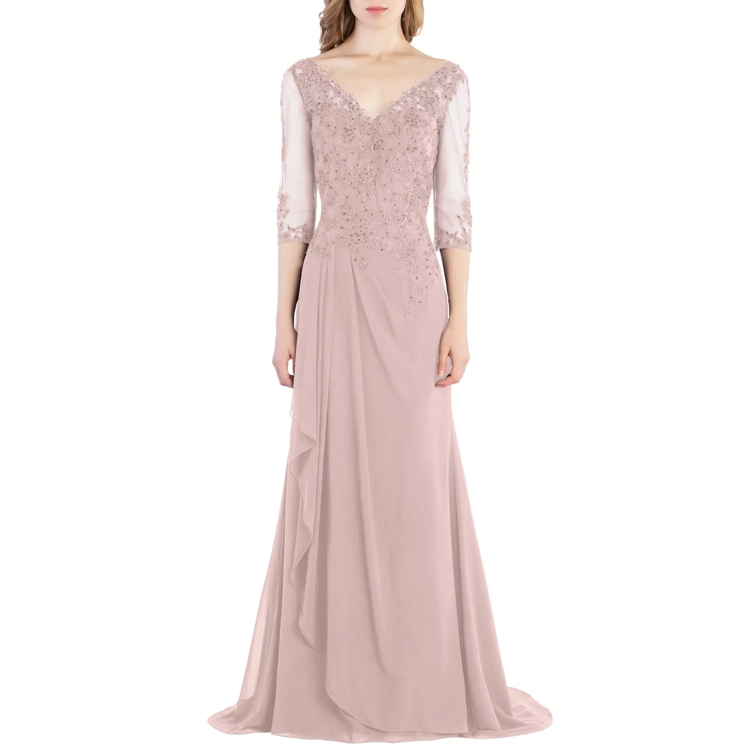 MACloth V Neck 3/4 Sleeve Lace Long Wedding Mother Bride Gown Bridesmaid Dresses