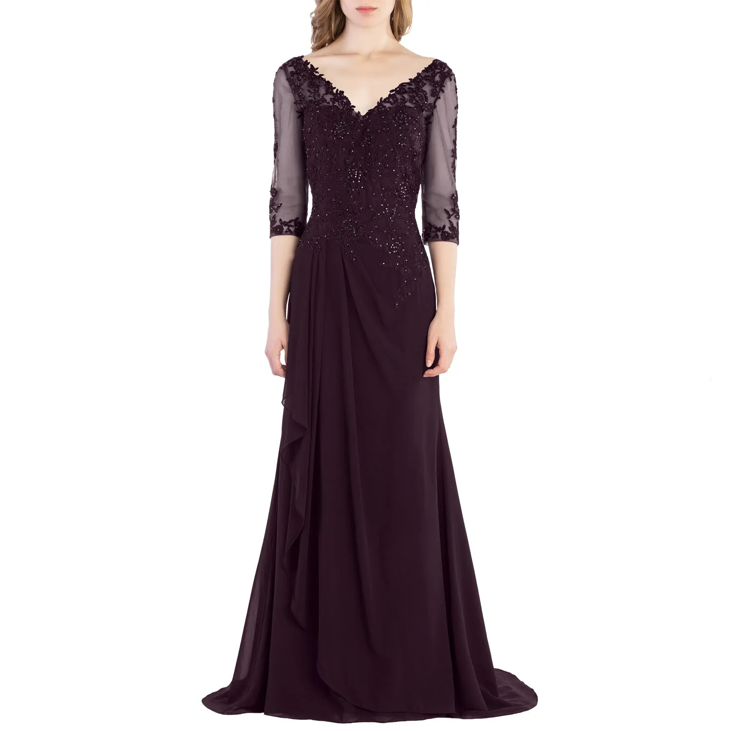 MACloth V Neck 3/4 Sleeve Lace Long Wedding Mother Bride Gown Bridesmaid Dresses