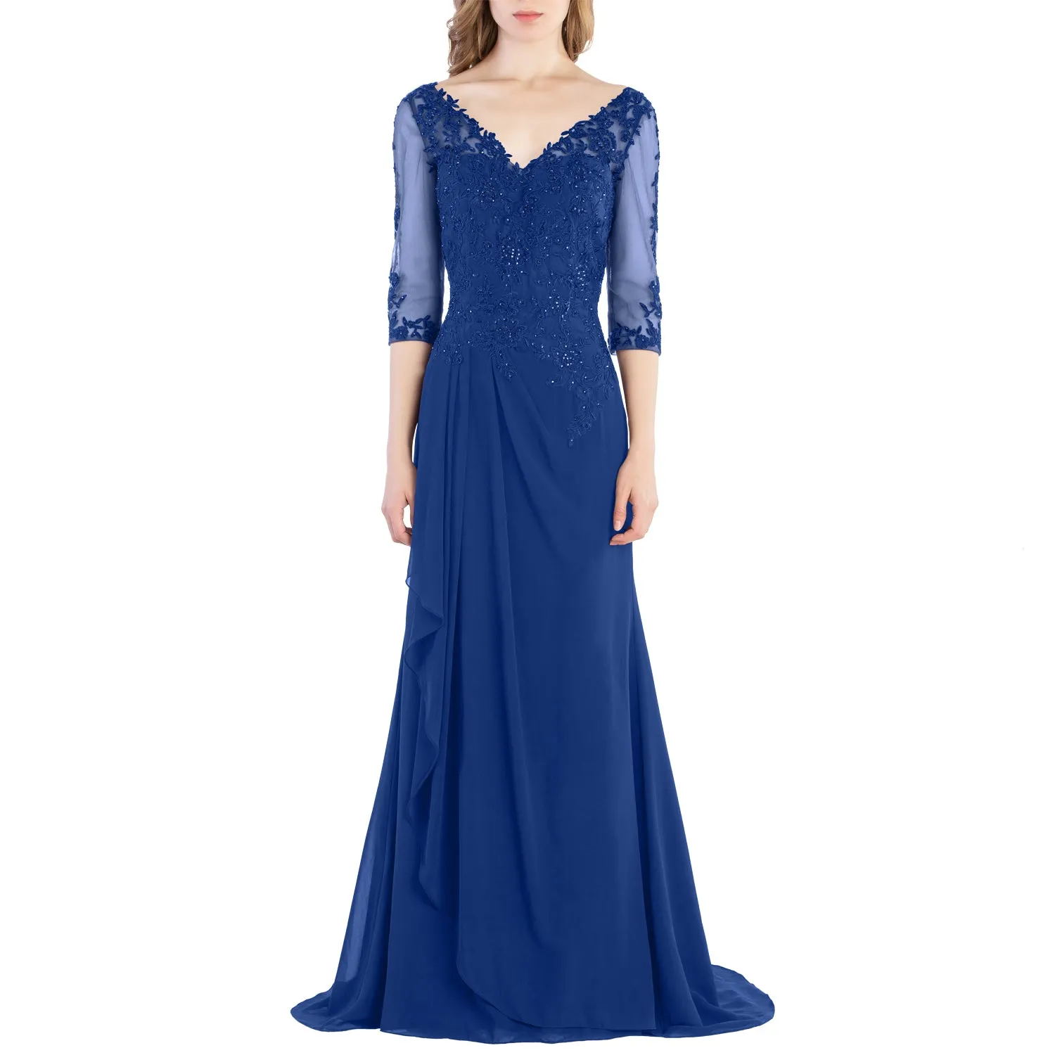 MACloth V Neck 3/4 Sleeve Lace Long Wedding Mother Bride Gown Bridesmaid Dresses