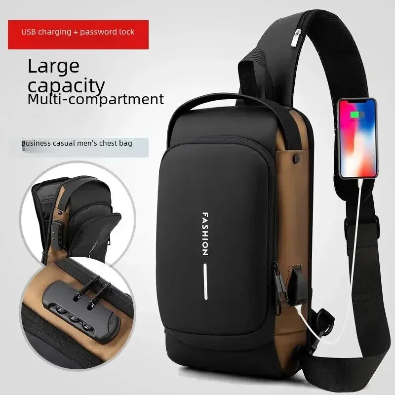 Men Crossbody Password Lock Motorcycle Waterproof USB Charging Port Anti-Theft Chest Bag