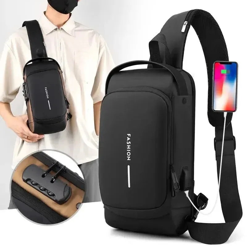 Men Crossbody Password Lock Motorcycle Waterproof USB Charging Port Anti-Theft Chest Bag
