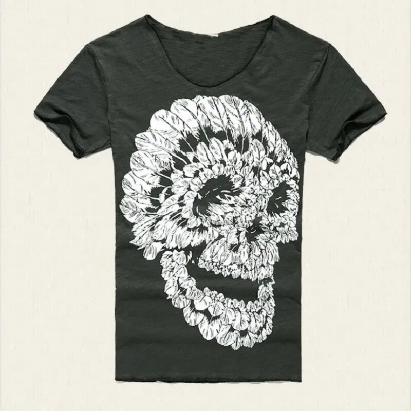 Mens Deep V Neck T Shirt Summer Green Cotton Mens Skull Print Thin Slim V Neck T-shirt Plus Size M-XXL #T99