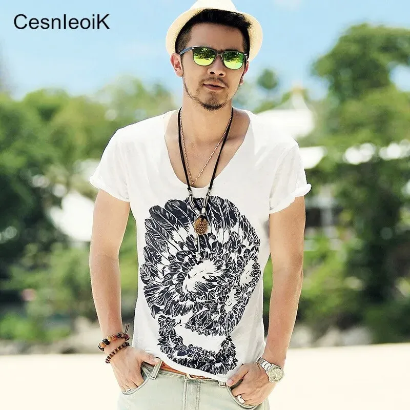 Mens Deep V Neck T Shirt Summer Green Cotton Mens Skull Print Thin Slim V Neck T-shirt Plus Size M-XXL #T99