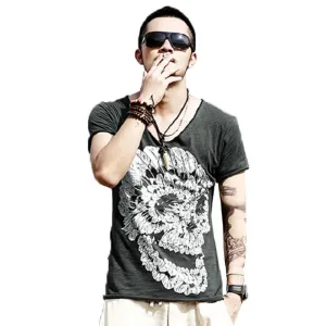 Mens Deep V Neck T Shirt Summer Green Cotton Mens Skull Print Thin Slim V Neck T-shirt Plus Size M-XXL #T99