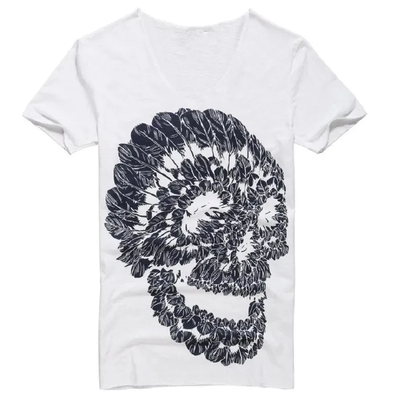 Mens Deep V Neck T Shirt Summer Green Cotton Mens Skull Print Thin Slim V Neck T-shirt Plus Size M-XXL #T99