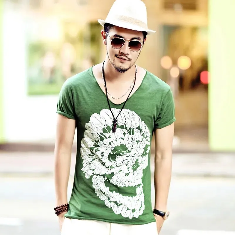 Mens Deep V Neck T Shirt Summer Green Cotton Mens Skull Print Thin Slim V Neck T-shirt Plus Size M-XXL #T99