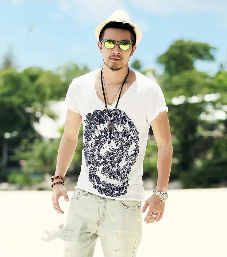 Mens Deep V Neck T Shirt Summer Green Cotton Mens Skull Print Thin Slim V Neck T-shirt Plus Size M-XXL #T99