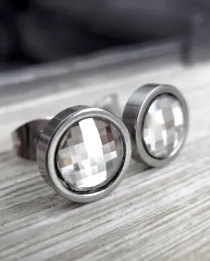 MOSAIC - Small Unisex Stud Post Earrings with Silver Crystal