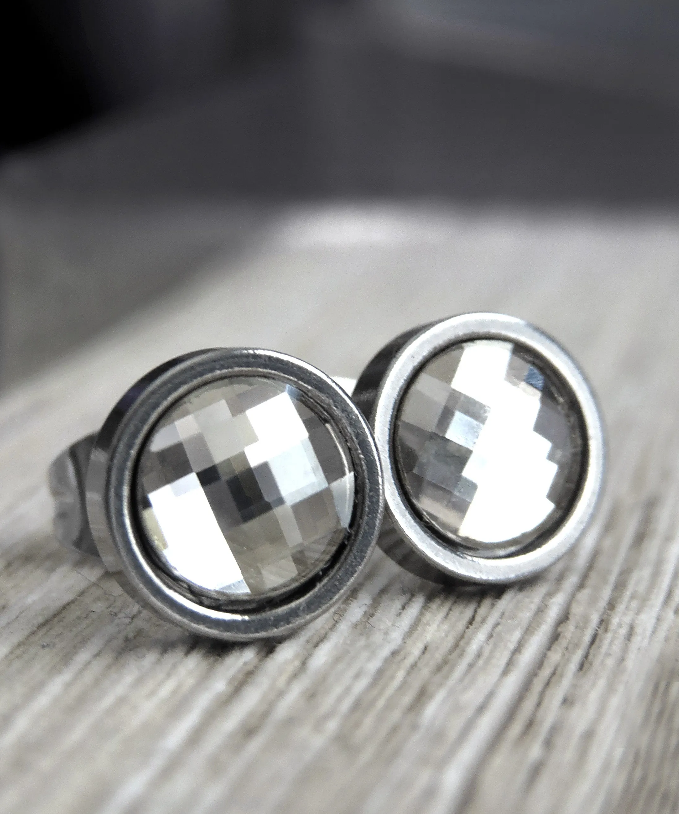 MOSAIC - Small Unisex Stud Post Earrings with Silver Crystal