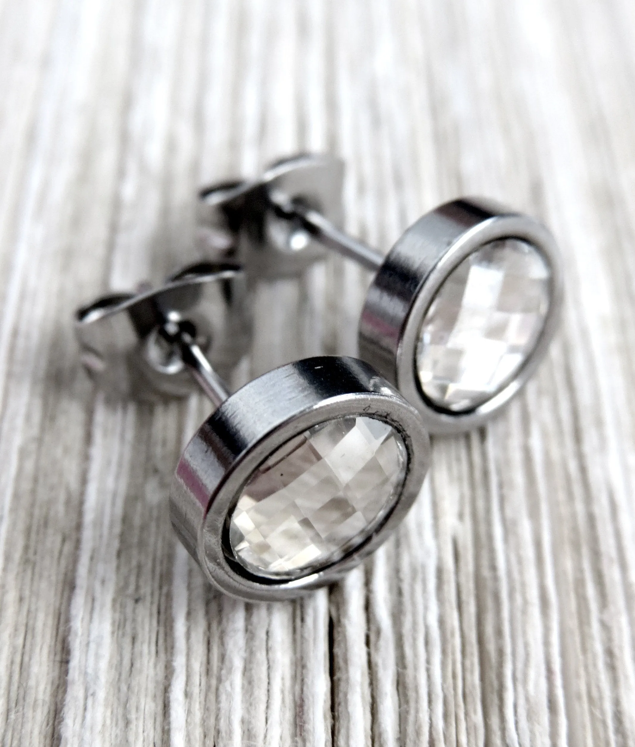 MOSAIC - Small Unisex Stud Post Earrings with Silver Crystal