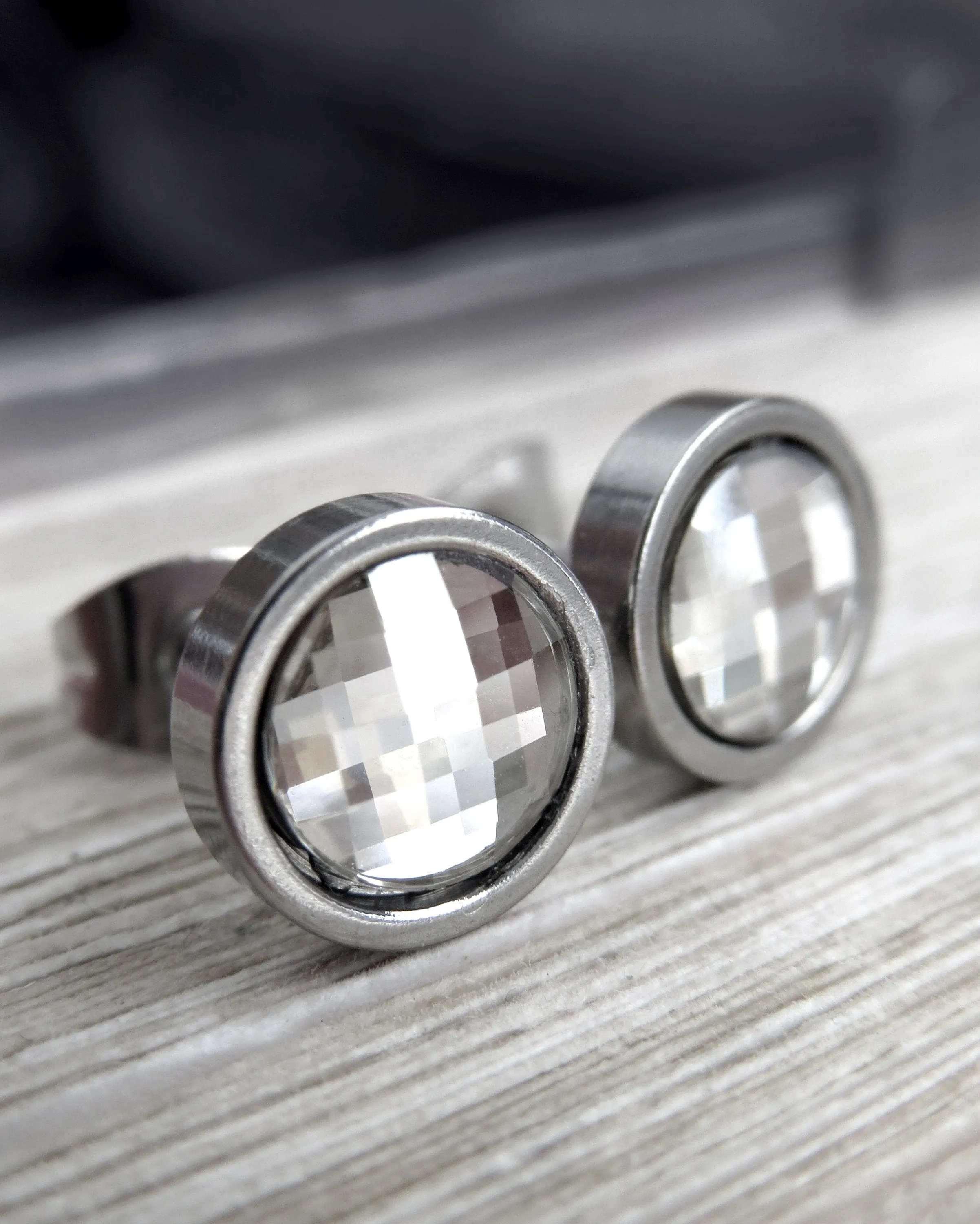 MOSAIC - Small Unisex Stud Post Earrings with Silver Crystal