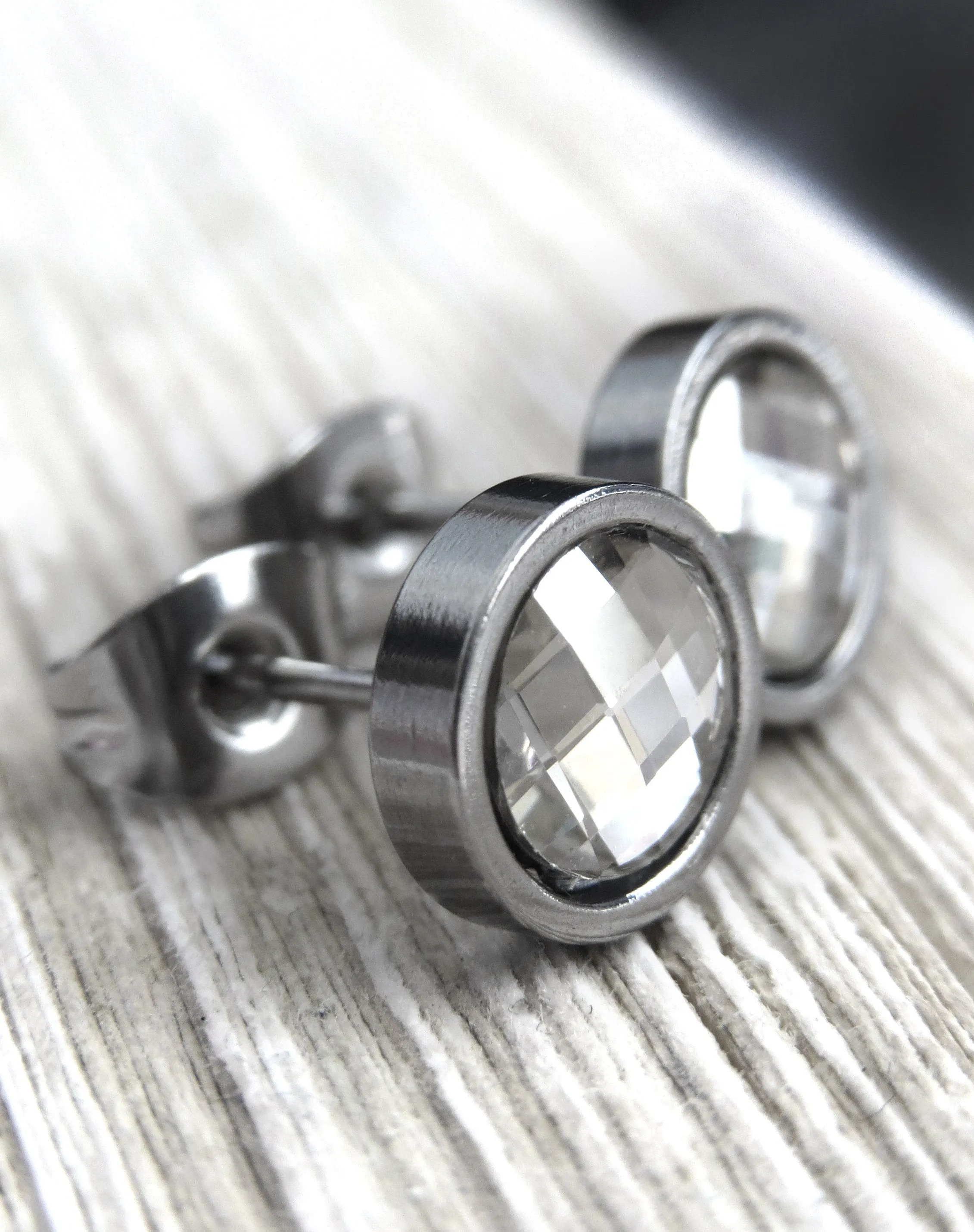 MOSAIC - Small Unisex Stud Post Earrings with Silver Crystal