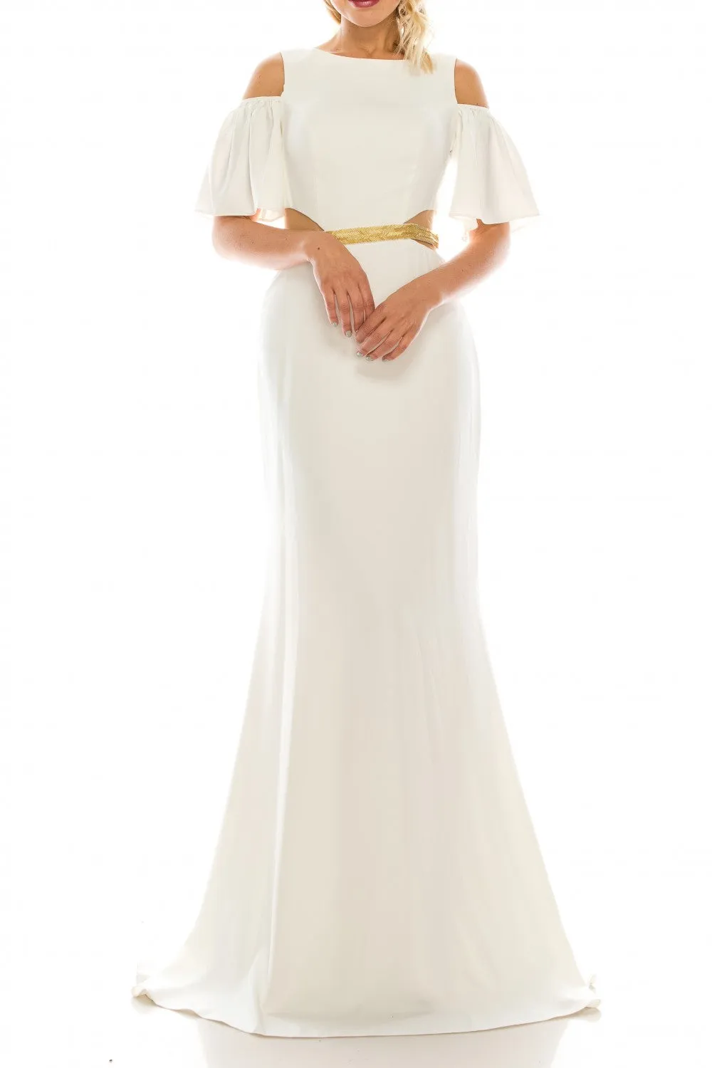 Odrella  4516 Magenta Beaded Cold Shoulder Evening Dress