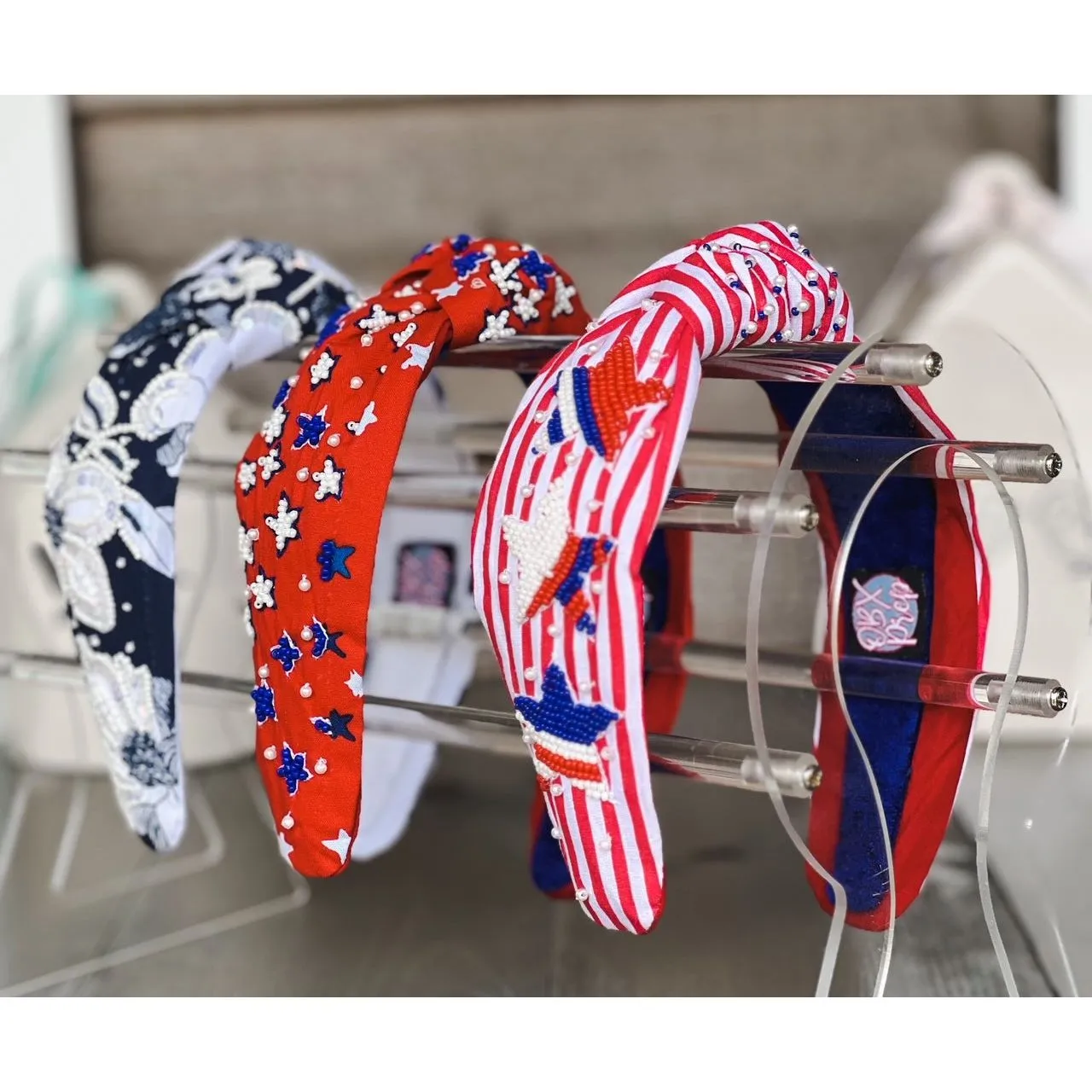 Patriotic Red Seed Beaded Star Top Knot Headband 4th of July