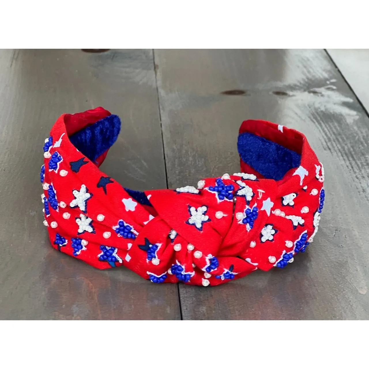 Patriotic Red Seed Beaded Star Top Knot Headband 4th of July