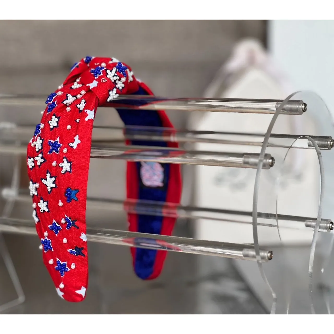 Patriotic Red Seed Beaded Star Top Knot Headband 4th of July