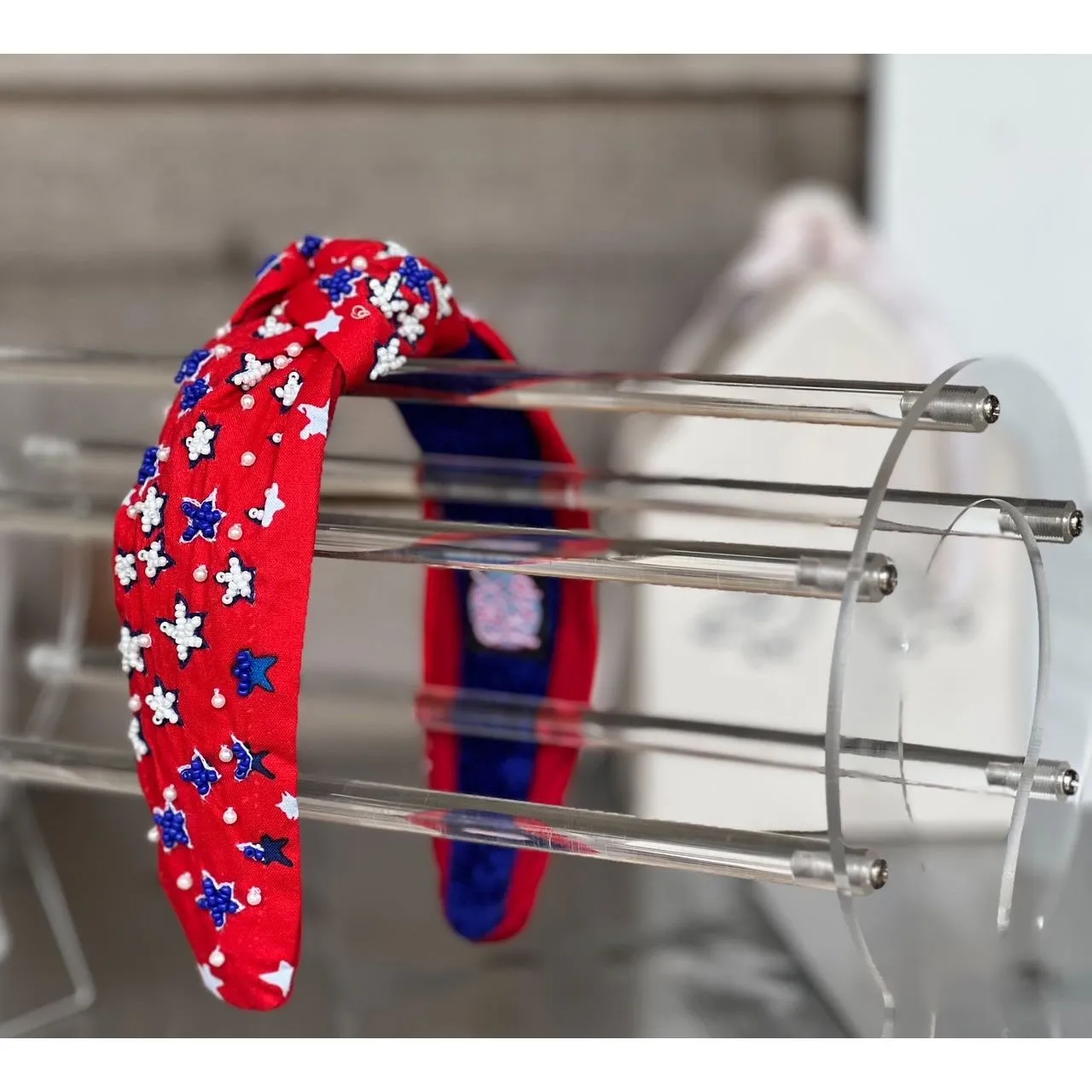 Patriotic Red Seed Beaded Star Top Knot Headband 4th of July
