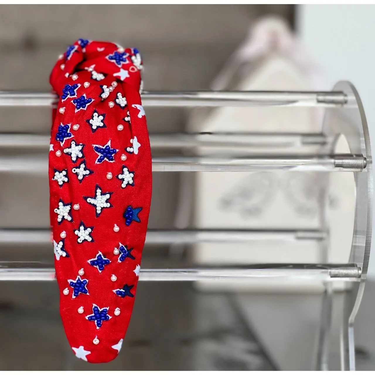 Patriotic Red Seed Beaded Star Top Knot Headband 4th of July