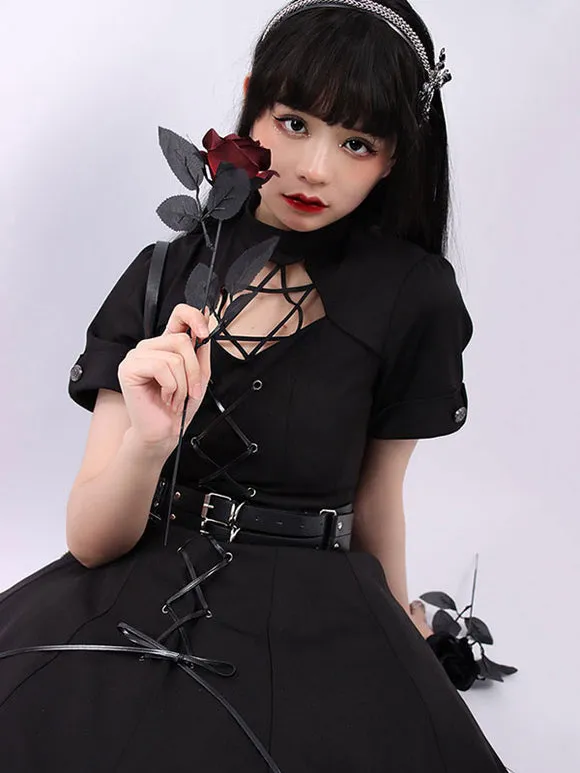 Pre-Sale Gothic Lolita OP Dress Black Short Sleeves Ruffles Lace Up Black Lolita One Piece Dress