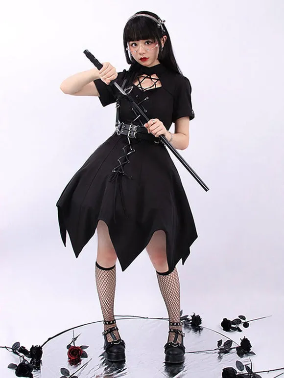 Pre-Sale Gothic Lolita OP Dress Black Short Sleeves Ruffles Lace Up Black Lolita One Piece Dress