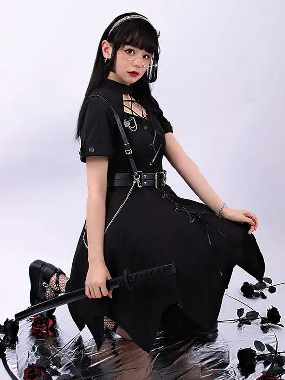 Pre-Sale Gothic Lolita OP Dress Black Short Sleeves Ruffles Lace Up Black Lolita One Piece Dress