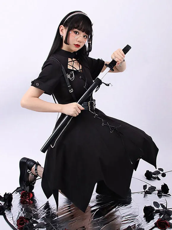 Pre-Sale Gothic Lolita OP Dress Black Short Sleeves Ruffles Lace Up Black Lolita One Piece Dress