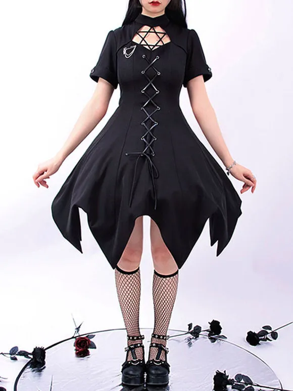 Pre-Sale Gothic Lolita OP Dress Black Short Sleeves Ruffles Lace Up Black Lolita One Piece Dress