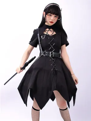 Pre-Sale Gothic Lolita OP Dress Black Short Sleeves Ruffles Lace Up Black Lolita One Piece Dress