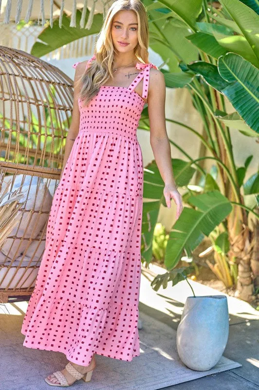 PRINTED SMOCKED RUFFLE MAXI DRESS