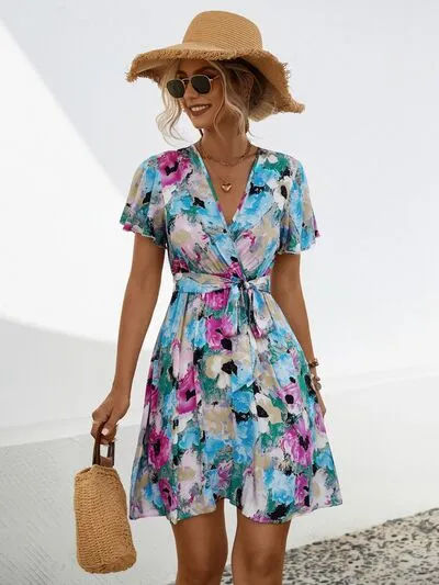Printed Surplice Tie Waist Mini Dress