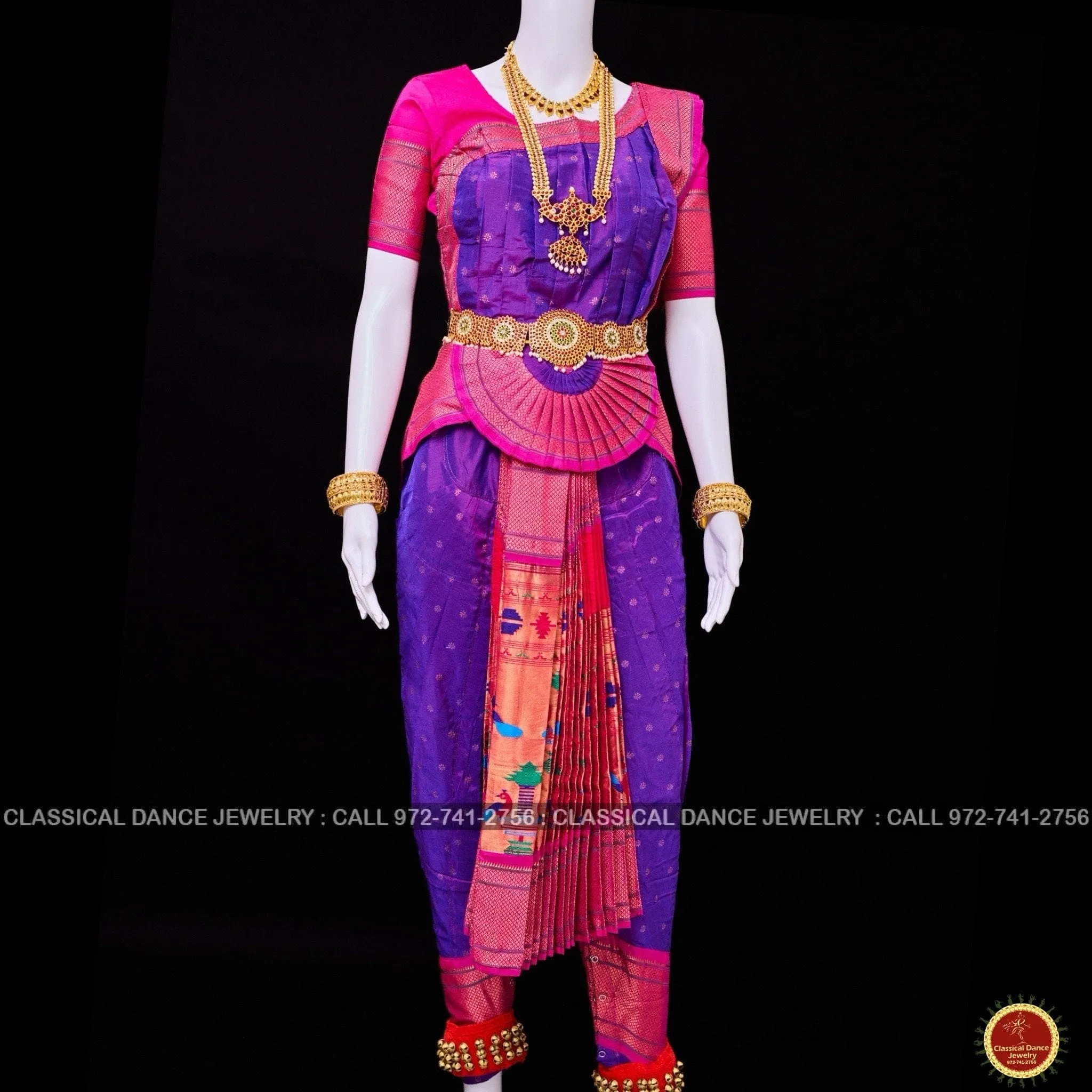 PURPLE PINK 38 Inch Pant Length Bharatanatyam Dance Costume | Paithani Art silk Dharmavaram Kanchi | Classical Dance Jewelry