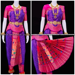 PURPLE PINK 38 Inch Pant Length Bharatanatyam Dance Costume | Paithani Art silk Dharmavaram Kanchi | Classical Dance Jewelry