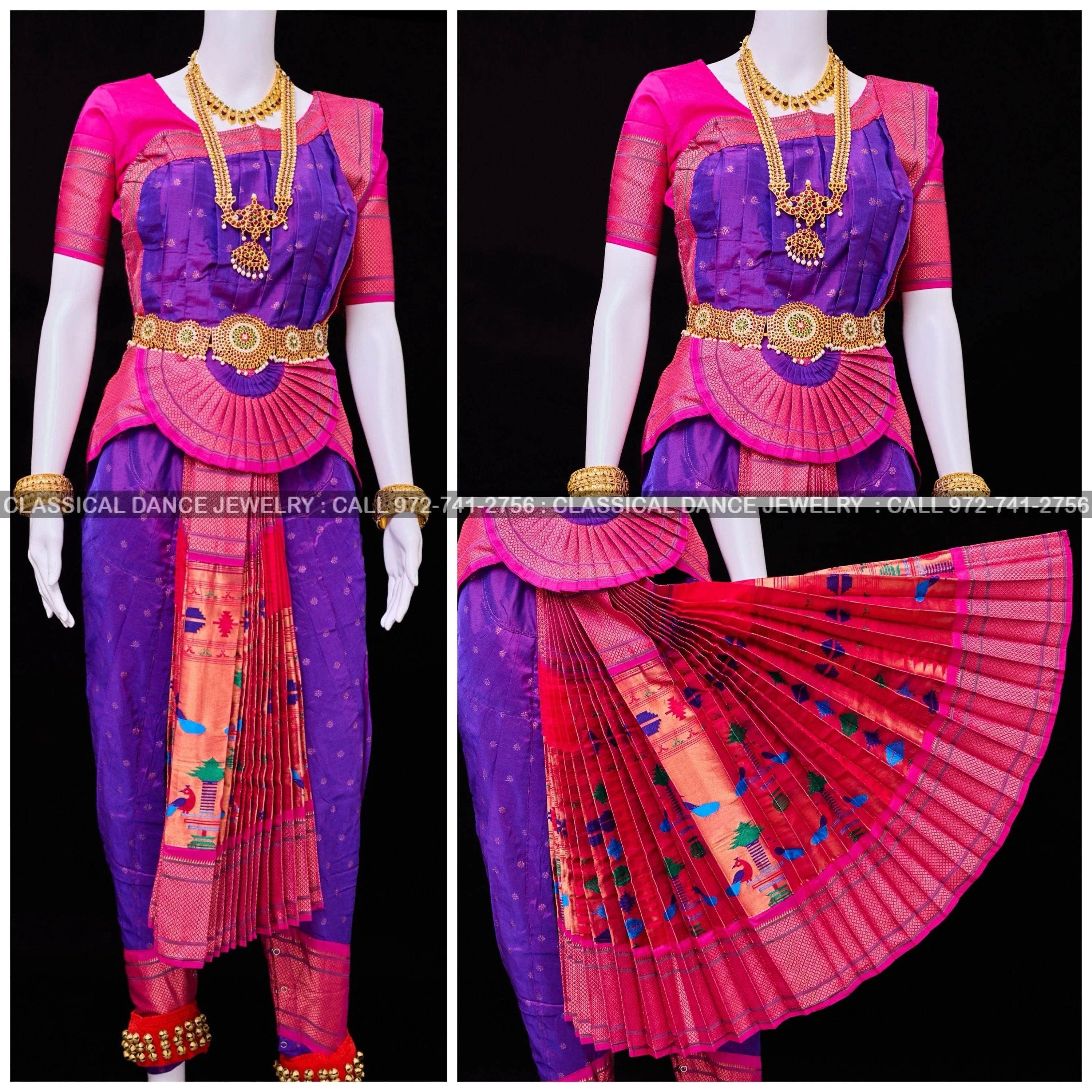 PURPLE PINK 38 Inch Pant Length Bharatanatyam Dance Costume | Paithani Art silk Dharmavaram Kanchi | Classical Dance Jewelry