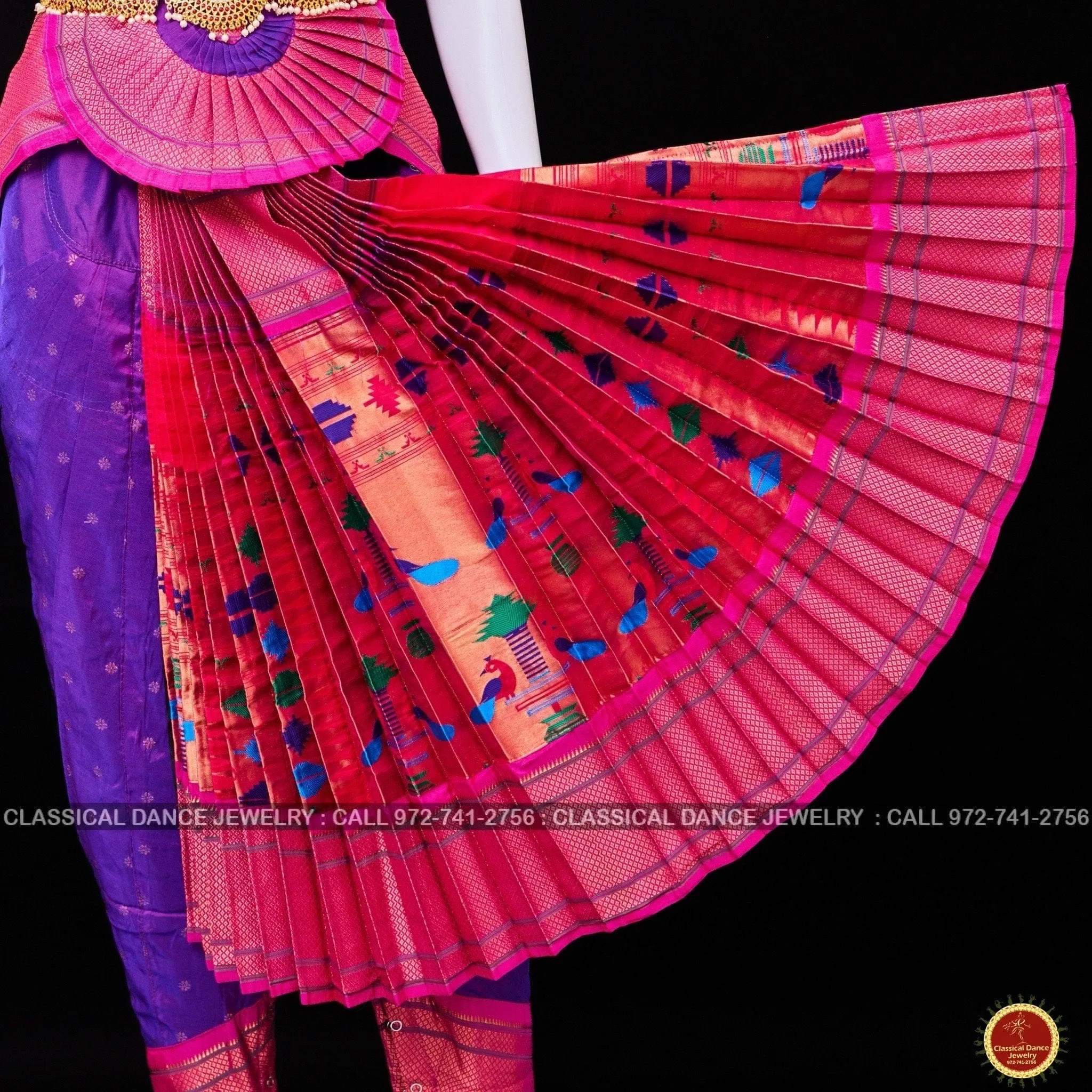 PURPLE PINK 38 Inch Pant Length Bharatanatyam Dance Costume | Paithani Art silk Dharmavaram Kanchi | Classical Dance Jewelry