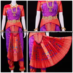 PURPLE RED 38 Inch Pant Length Bharatanatyam Dance Costume | Paithani Art silk Dharmavaram Kanchi | Classical Dance Jewelry