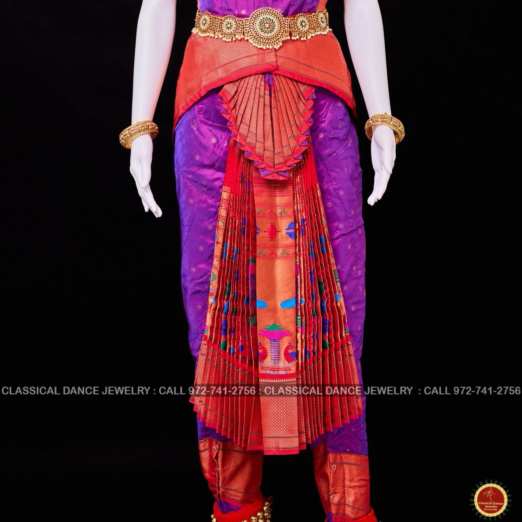 PURPLE RED 38 Inch Pant Length Bharatanatyam Dance Costume | Paithani Art silk Dharmavaram Kanchi | Classical Dance Jewelry