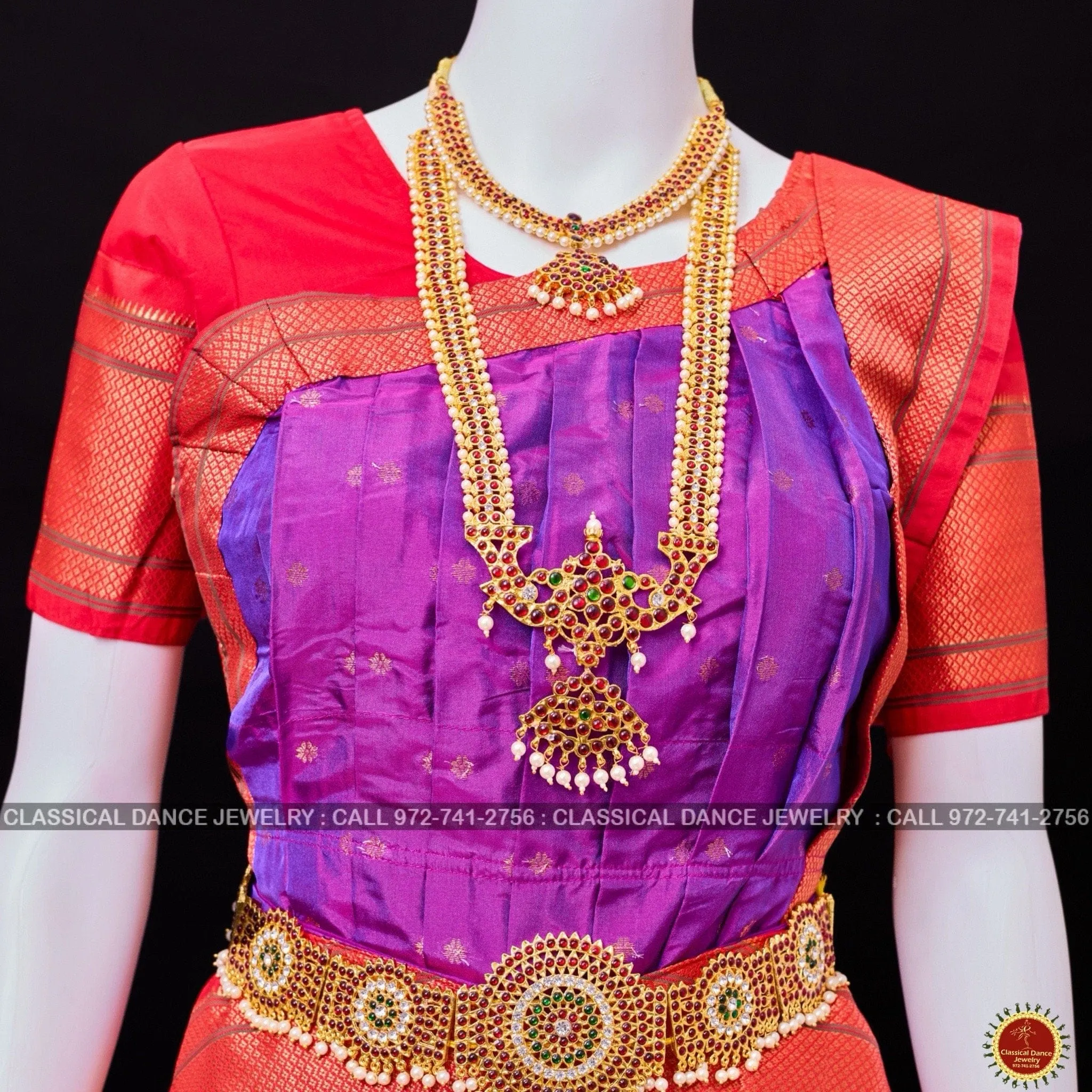 PURPLE RED 38 Inch Pant Length Bharatanatyam Dance Costume | Paithani Art silk Dharmavaram Kanchi | Classical Dance Jewelry