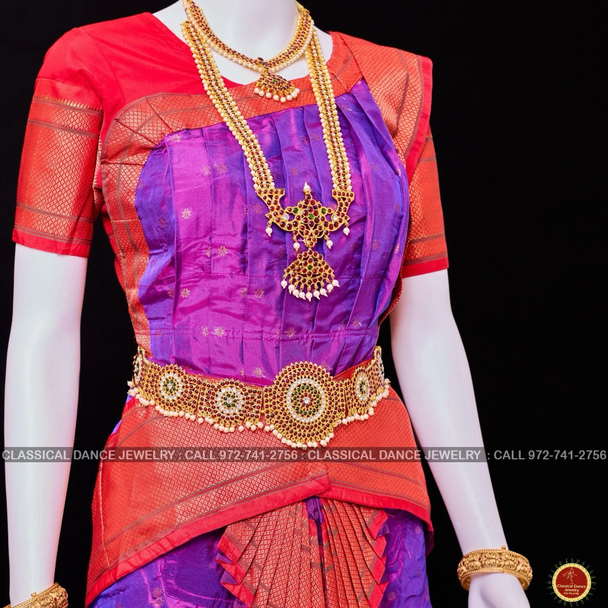 PURPLE RED 38 Inch Pant Length Bharatanatyam Dance Costume | Paithani Art silk Dharmavaram Kanchi | Classical Dance Jewelry