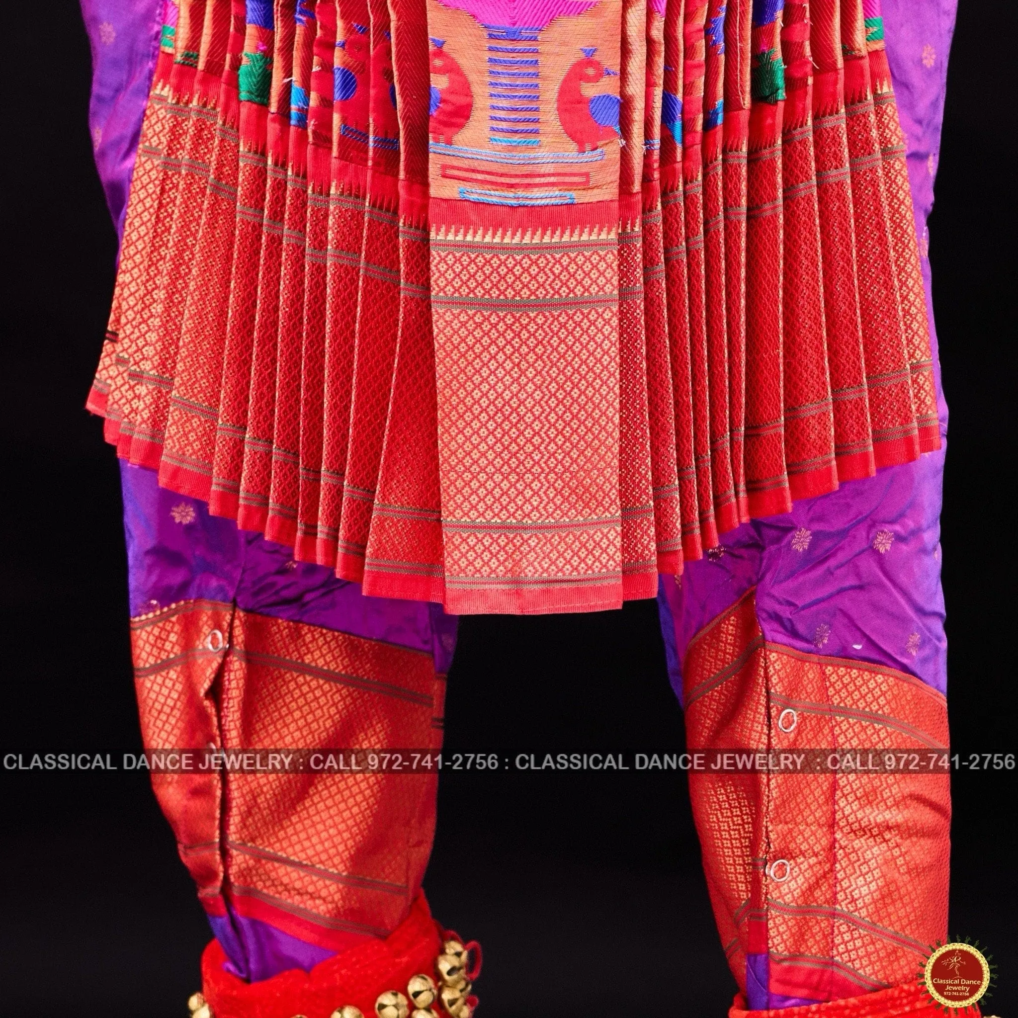 PURPLE RED 38 Inch Pant Length Bharatanatyam Dance Costume | Paithani Art silk Dharmavaram Kanchi | Classical Dance Jewelry