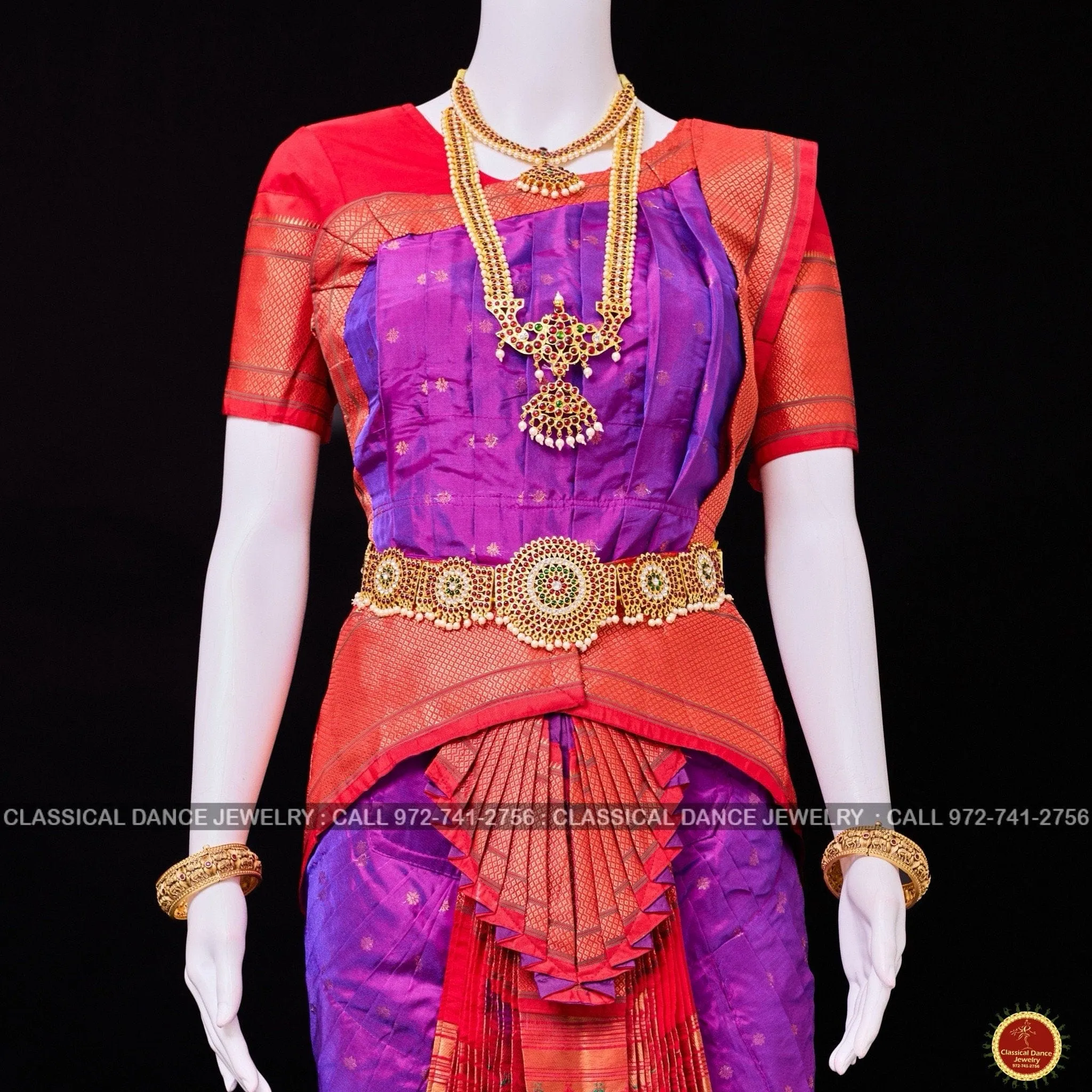 PURPLE RED 38 Inch Pant Length Bharatanatyam Dance Costume | Paithani Art silk Dharmavaram Kanchi | Classical Dance Jewelry