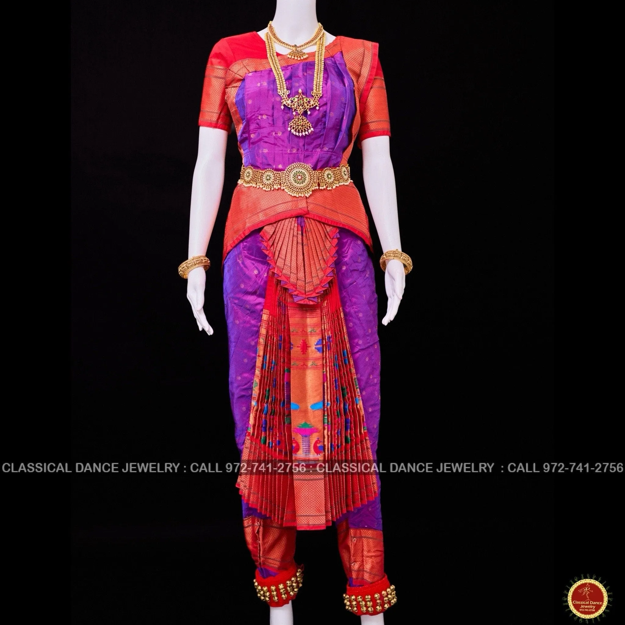 PURPLE RED 38 Inch Pant Length Bharatanatyam Dance Costume | Paithani Art silk Dharmavaram Kanchi | Classical Dance Jewelry