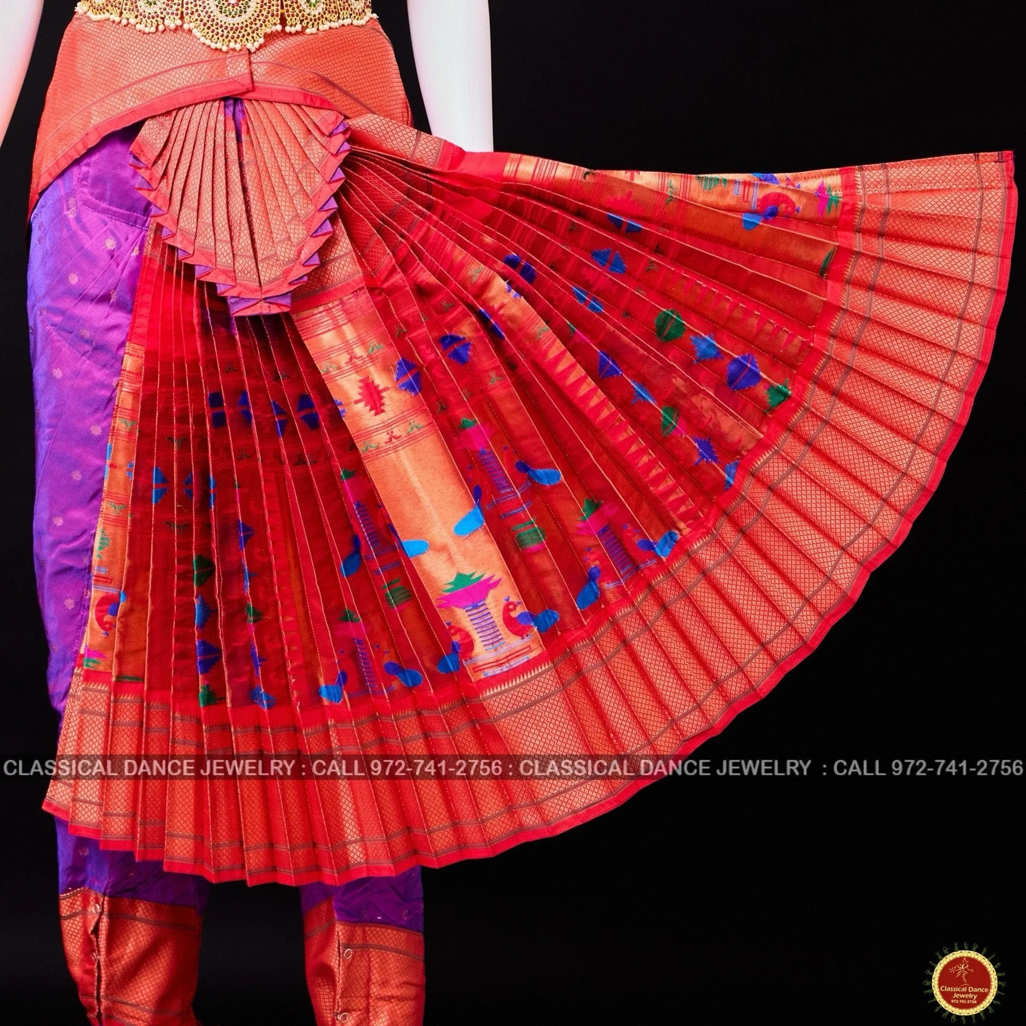 PURPLE RED 38 Inch Pant Length Bharatanatyam Dance Costume | Paithani Art silk Dharmavaram Kanchi | Classical Dance Jewelry