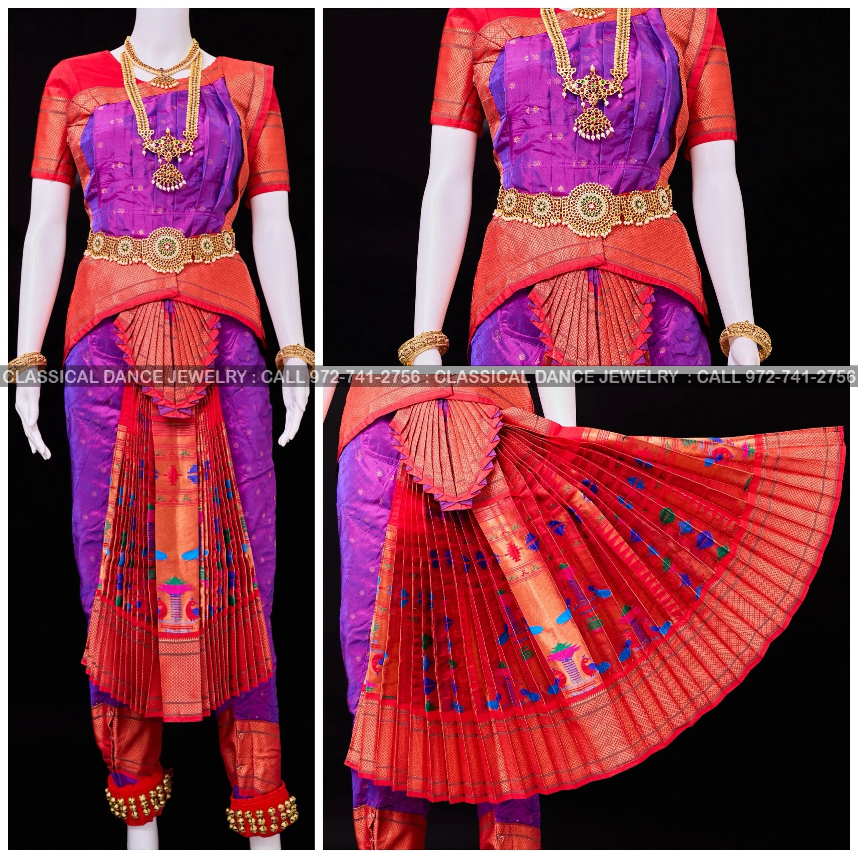 PURPLE RED 38 Inch Pant Length Bharatanatyam Dance Costume | Paithani Art silk Dharmavaram Kanchi | Classical Dance Jewelry
