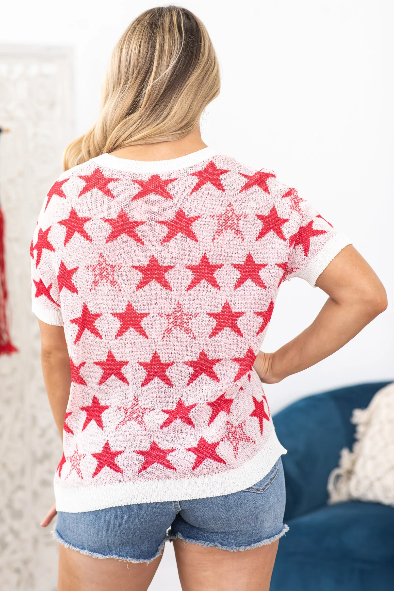 Red Pearl Beaded Stars Lightweight Sweater
