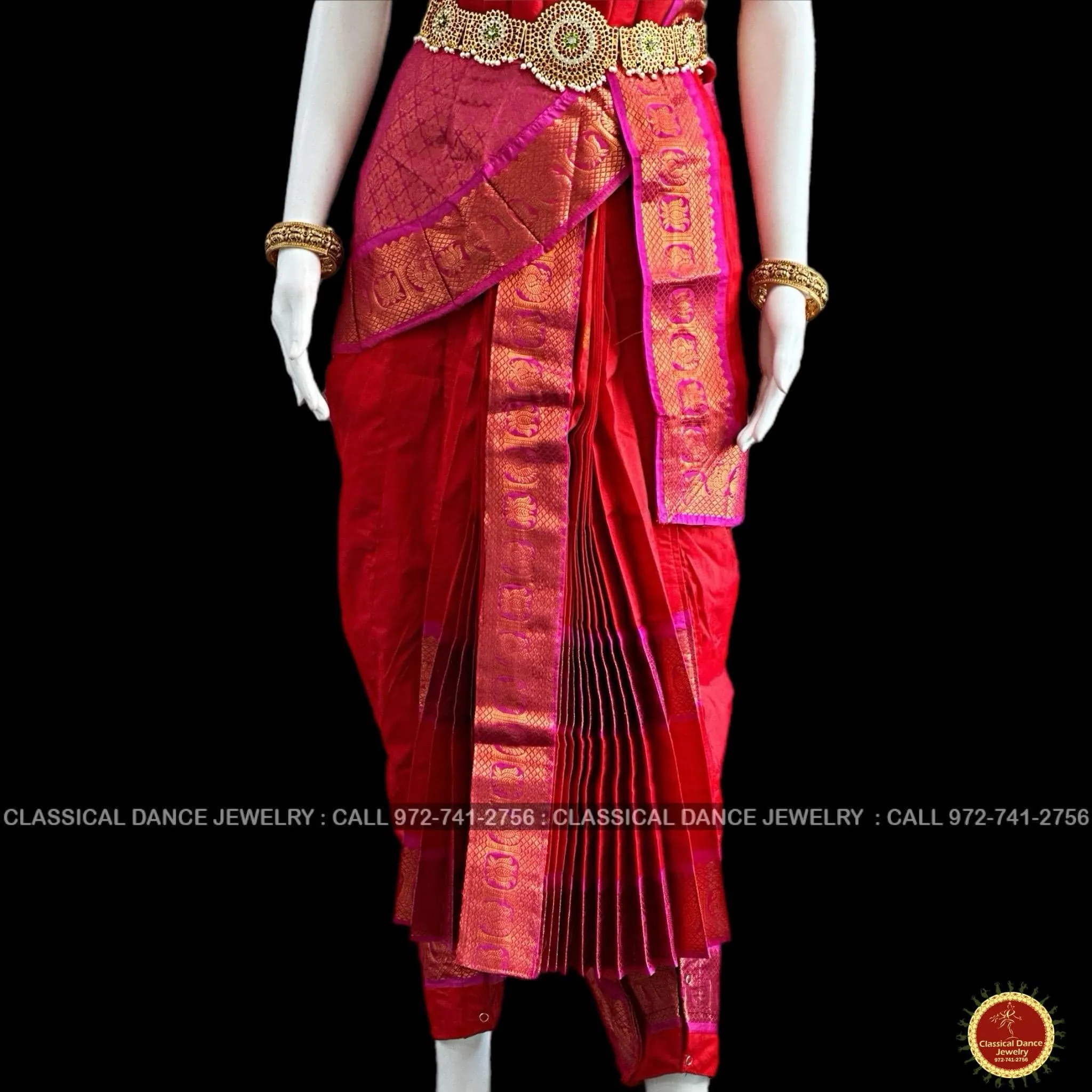 RED PINK 38 Inch Pant length Kuchipudi Copper Zari Indian Dance Costume | Art Silk Dharmavaram Kanchi | Classical Dance Jewelry