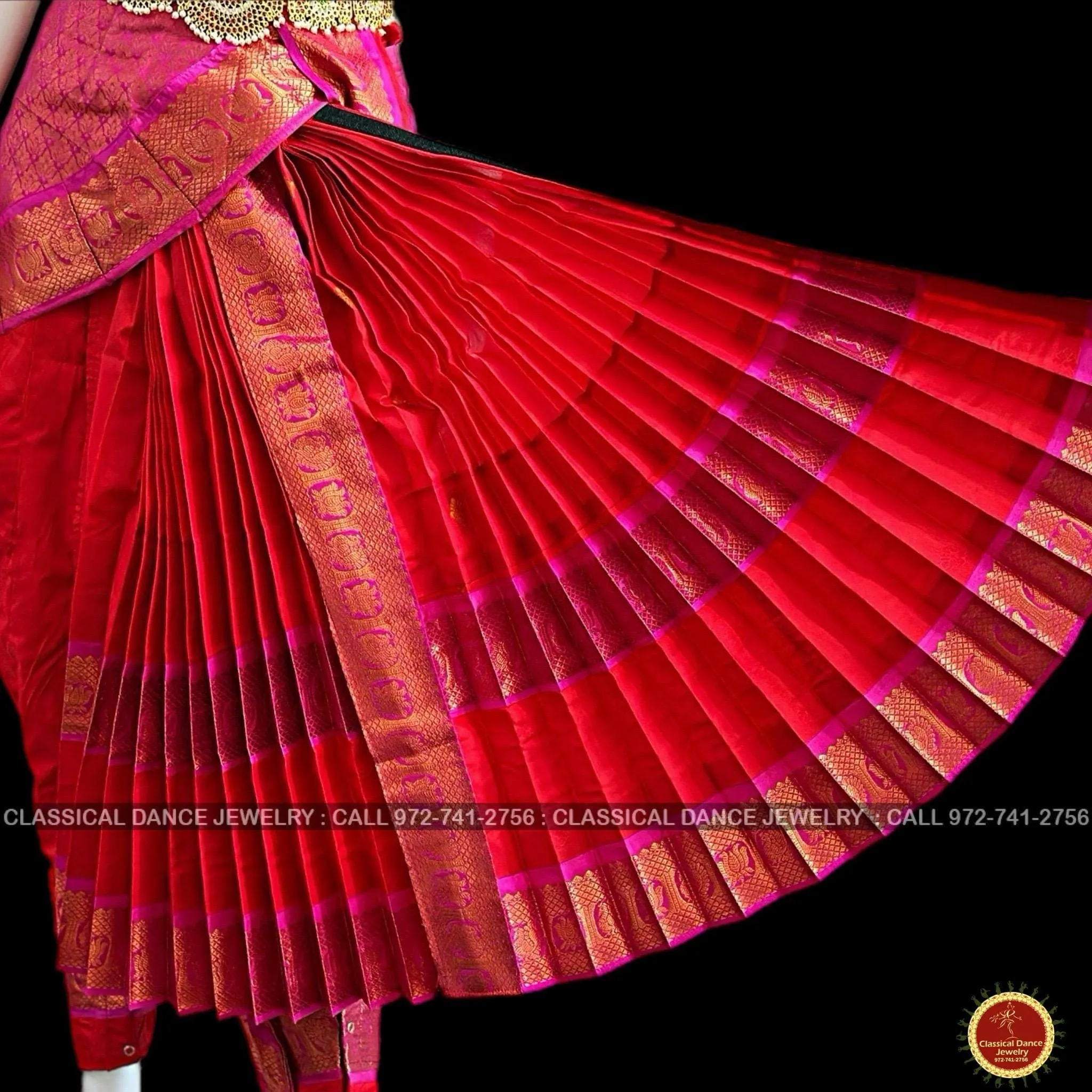 RED PINK 38 Inch Pant length Kuchipudi Copper Zari Indian Dance Costume | Art Silk Dharmavaram Kanchi | Classical Dance Jewelry
