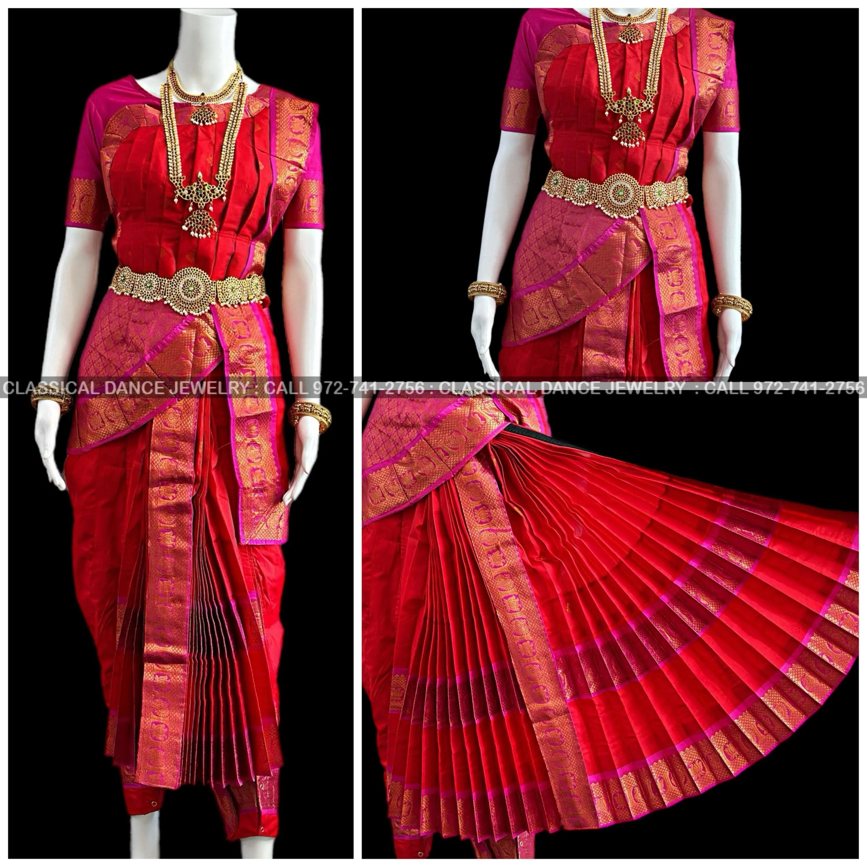 RED PINK 38 Inch Pant length Kuchipudi Copper Zari Indian Dance Costume | Art Silk Dharmavaram Kanchi | Classical Dance Jewelry
