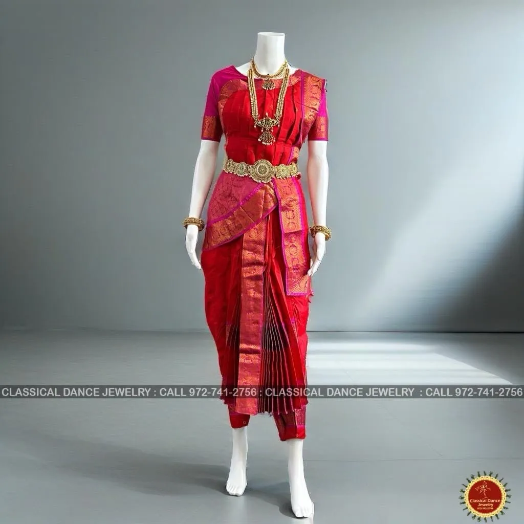 RED PINK 38 Inch Pant length Kuchipudi Copper Zari Indian Dance Costume | Art Silk Dharmavaram Kanchi | Classical Dance Jewelry
